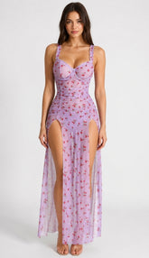 Mini Flower Print Long Slit Gown