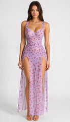 Mini Flower Print Long Slit Gown