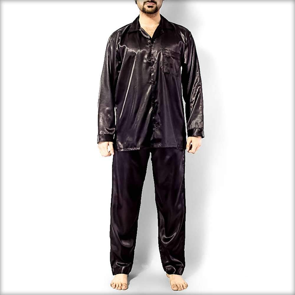 Polyester Solid Satin Men's PJ Set PJ51-BK