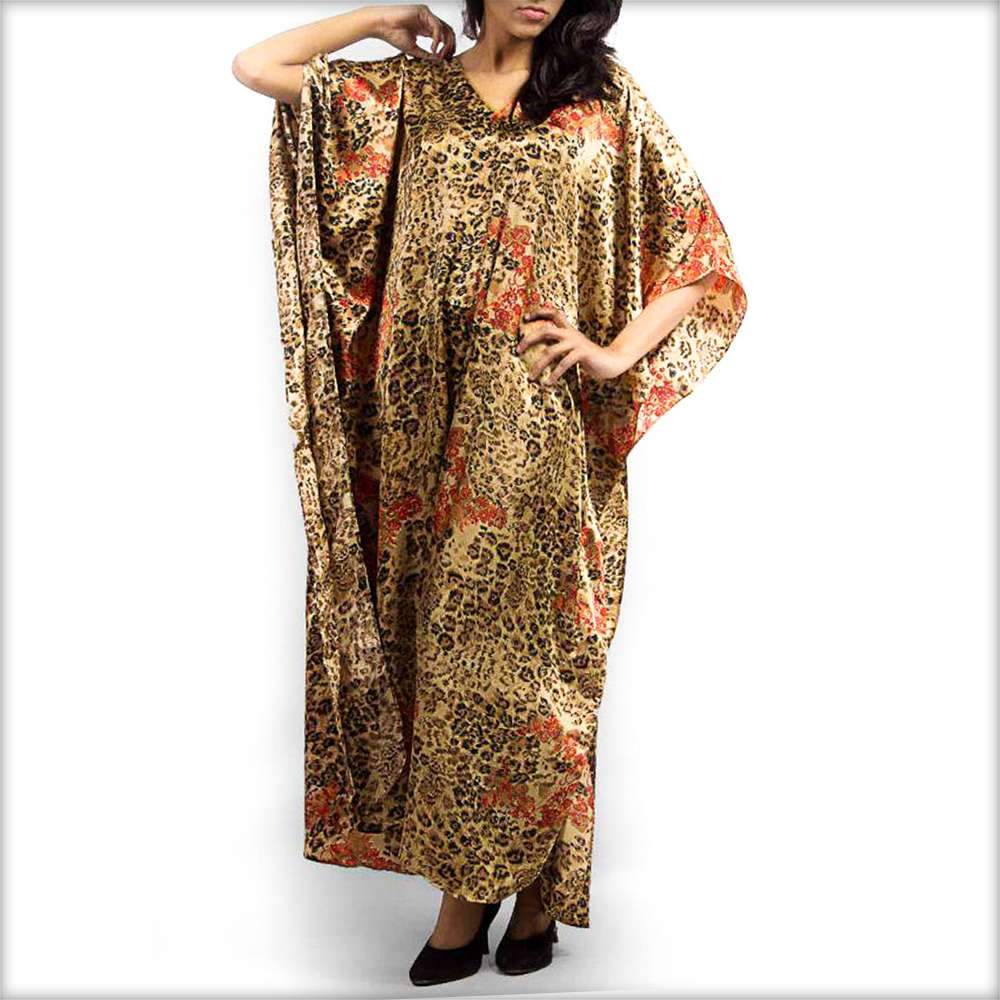 Brown Cheetah Print Satin V-Neck Kaftan