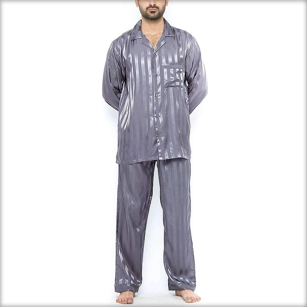 Polyester Solid Satin Stripes Men's PJ Set PJ55-GR