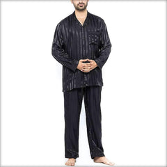 Polyester Solid Satin Stripes Men's PJ Set PJ55-BK