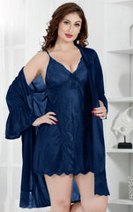 Navy Blue Silk Bridal Nighty 2pcs Set
